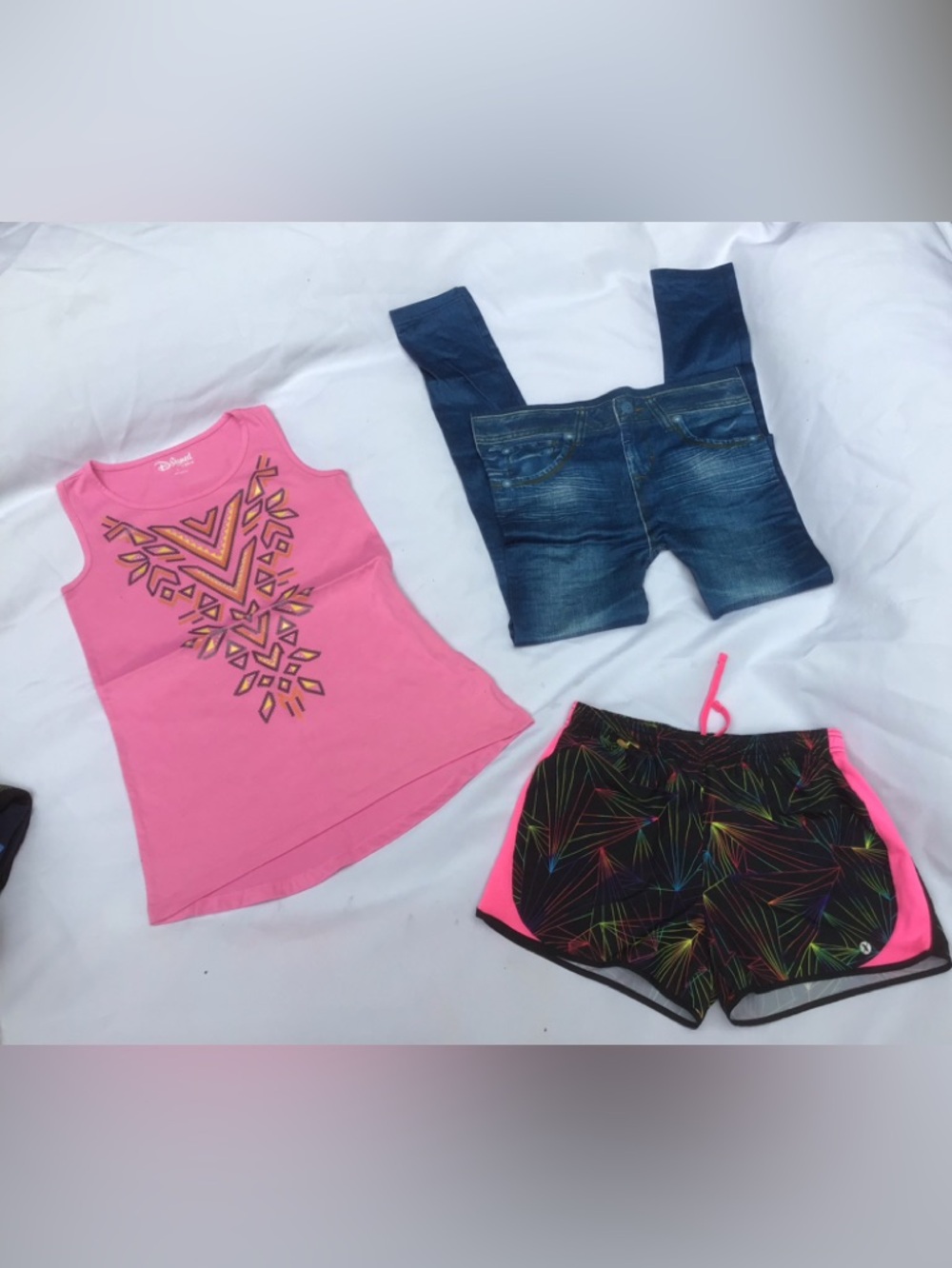 Disney Embellished Top, Colorful Shorts, Stretchy Leggings L/XL Lot